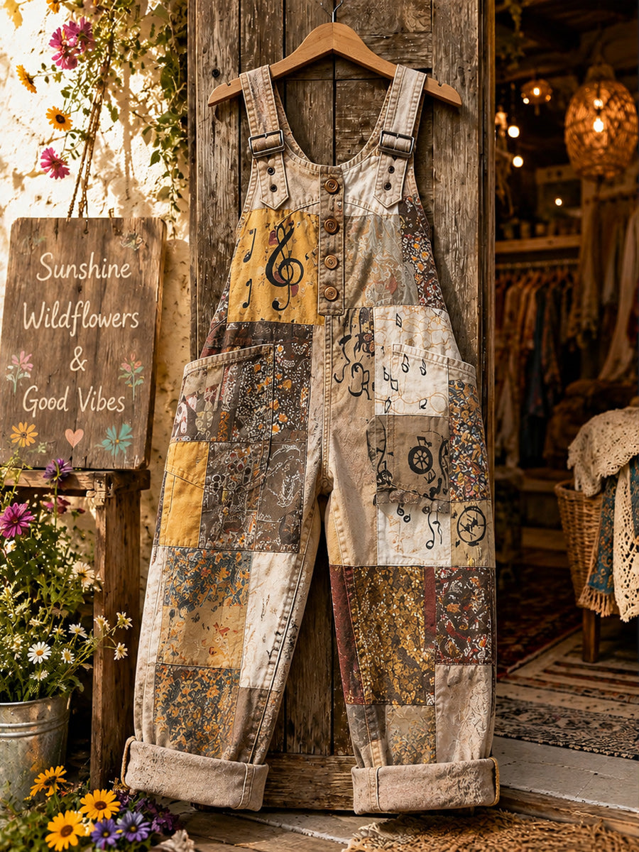 Women's Retro Style Art Print Washed Cotton Denim Patchwork Jumpsuit